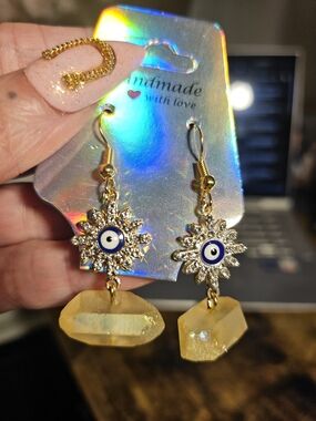 Handmade Gold-Tone Evil Eye Sunburst Earrings with Yellow Crystal Drops